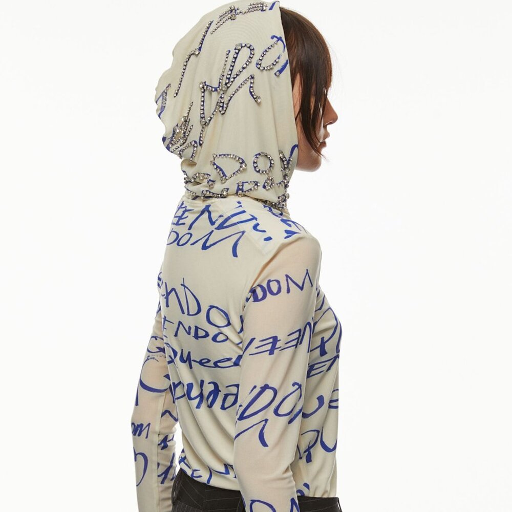 H&M Studio Collection Mesh Hoodie‎ Embellish Jewel Light Graffiti Top Shirt XXS